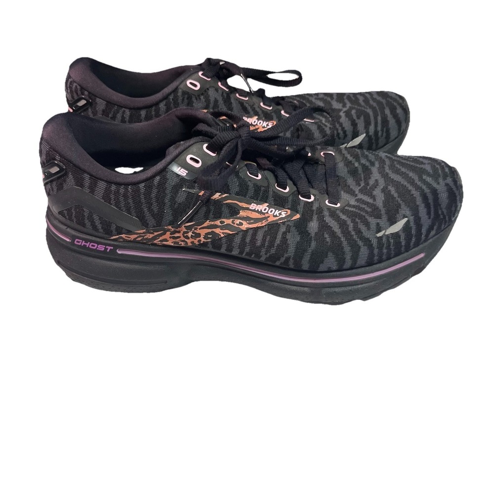 Brooks Ghost 15 Running Shoes Womens Size 7.5 Run Wild Black Tiger Leopard Print